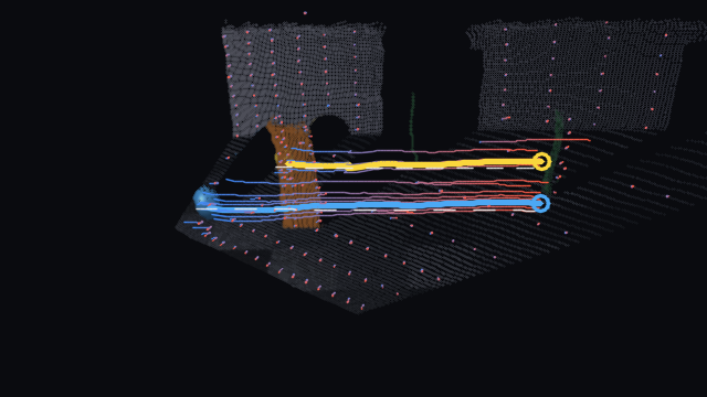 Clip 1, Point4D: one thick line per ball through all 80 frames over the dashed truth, thin time-coloured lines for the static queries
